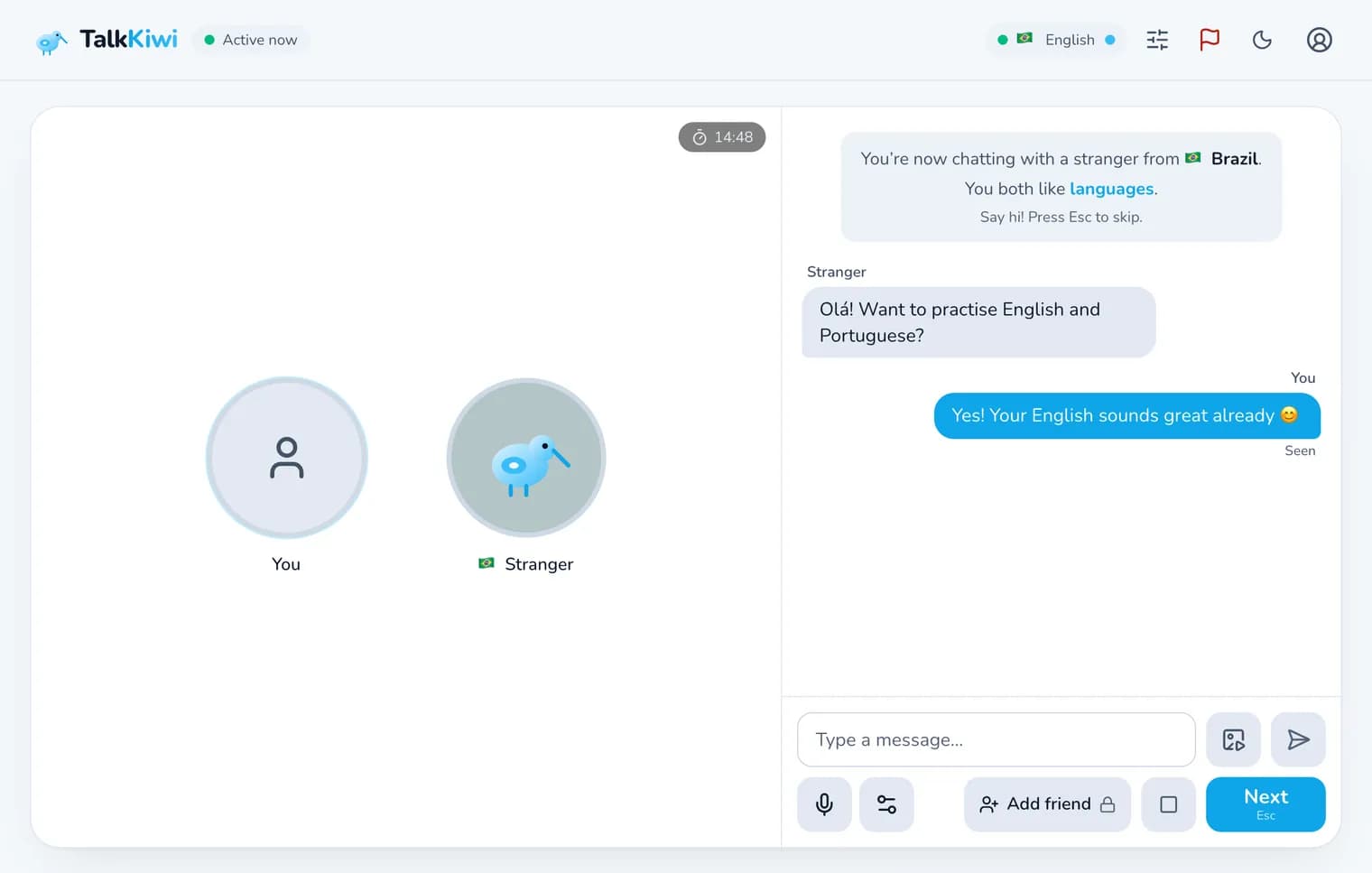 Random voice chat with a stranger on TalkKiwi: a voice call between the UK and Brazil with a side chat
