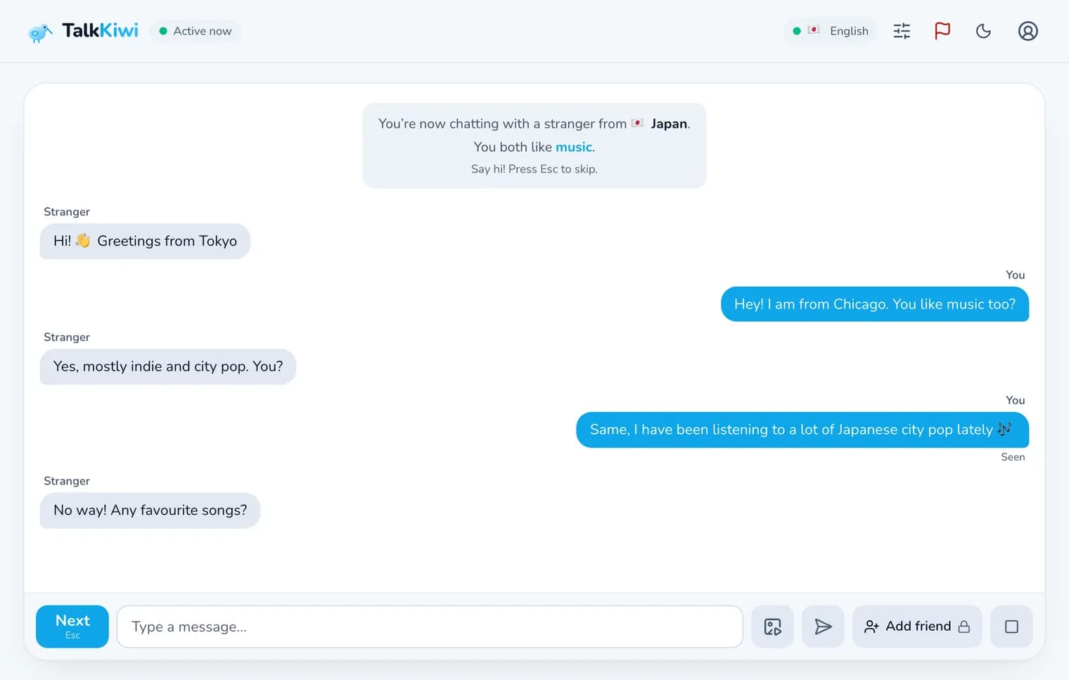 Random tekstchat met een vreemde op TalkKiwi, gekoppeld door een gedeelde interesse in muziek