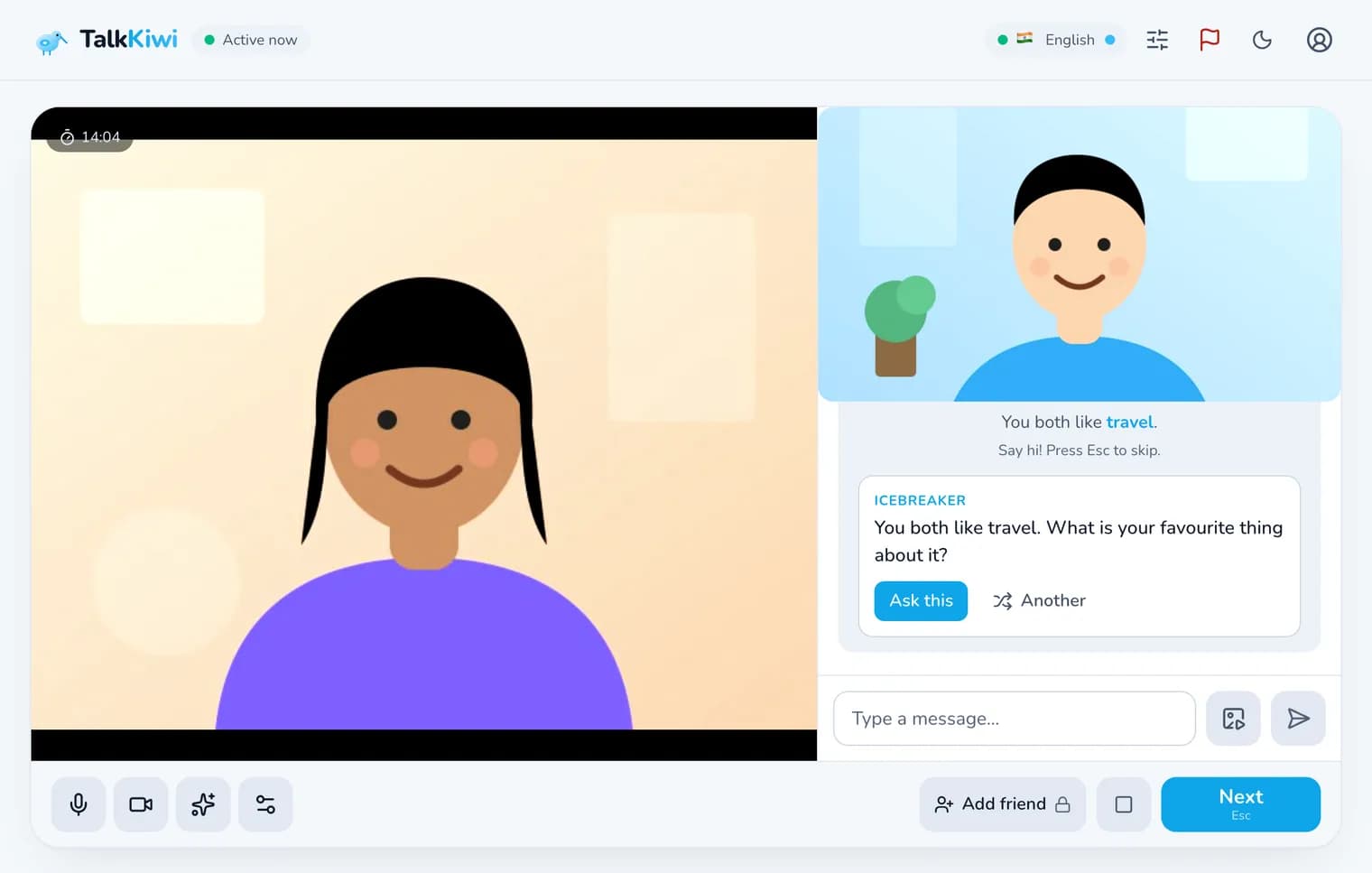 Random video chat with a stranger on TalkKiwi: a 1-on-1 video call with side chat (illustrated camera feeds)