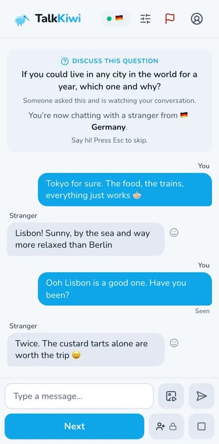 Answering a spy mode question with a stranger on TalkKiwi, on mobile